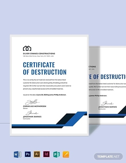 12+ Certificate Of Destruction Template - Pdf, Word, Ai, Indesign, Psd With Free Certificate Of Destruction Template
