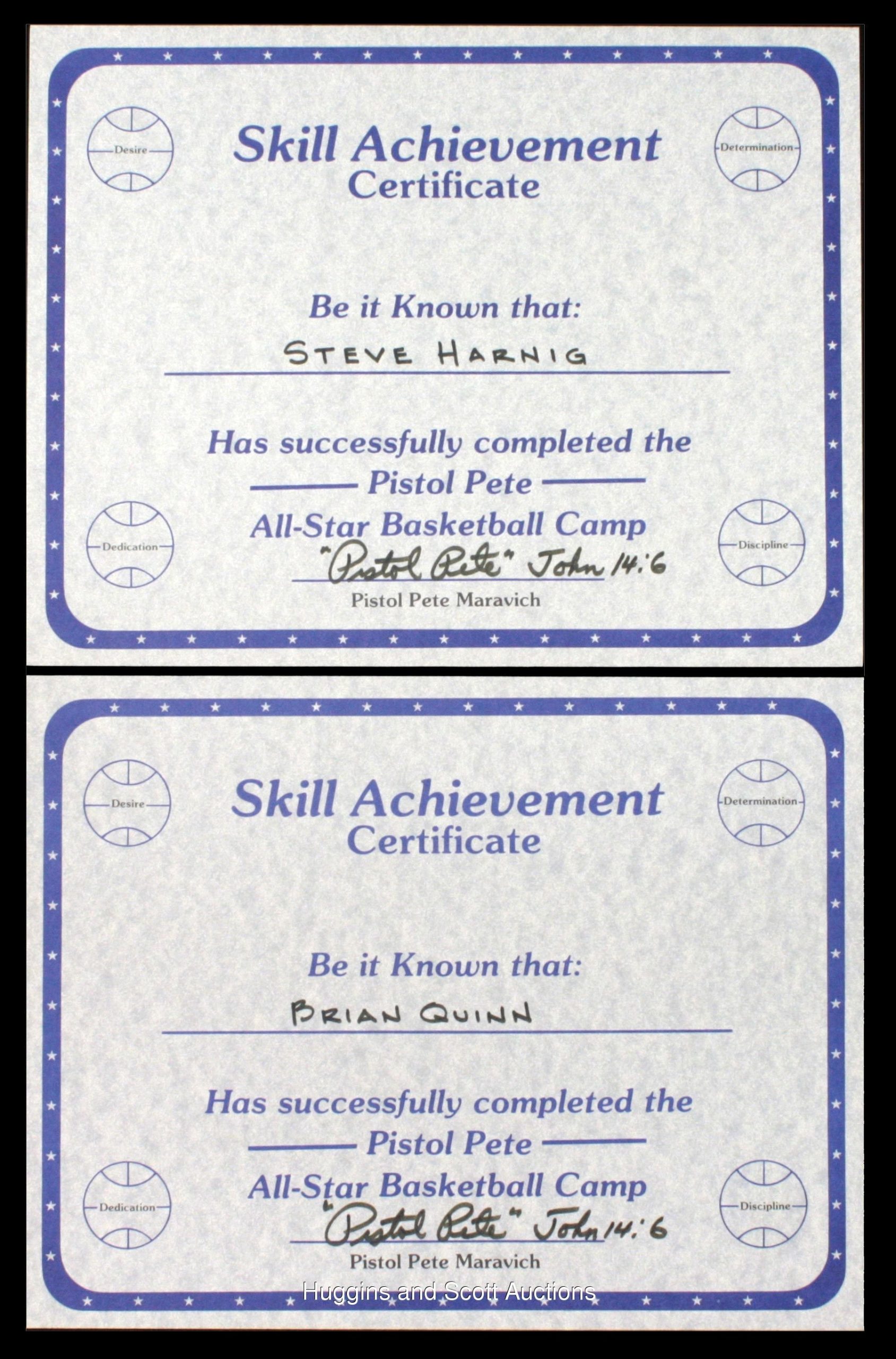 (2) Pete Maravich Signed Basketball Camp Certificates – Full Psa/Dna Regarding Basketball Camp Certificate Template