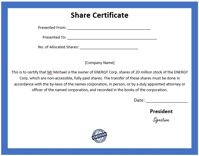 25+ Printable Stock Certificate Templates [Excel, Word, Pdf] » Templatedata Within Share Certificate Template Pdf