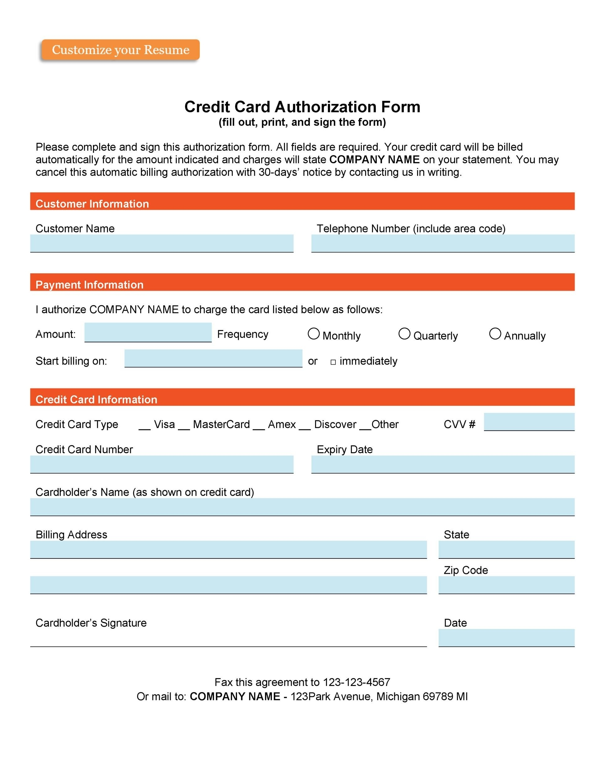 43 Credit Card Authorization Forms Templates {Ready To Use} For Authorization To Charge Credit Card Template