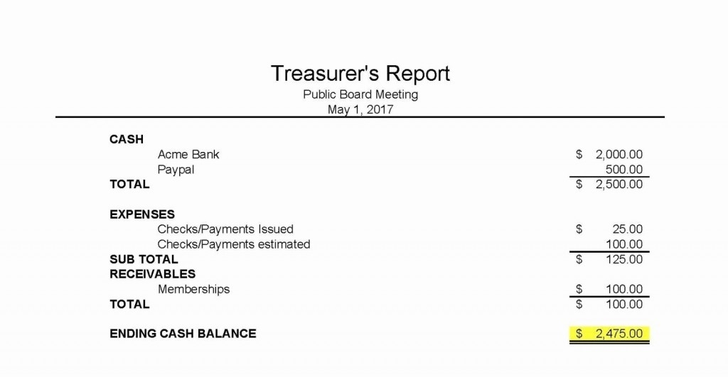 Addictionary With Non Profit Treasurer Report Template