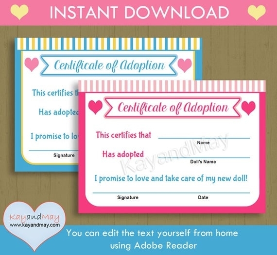 Adoption Certificate For Baby Doll Stuffed Animal Pet And More Inside Toy Adoption Certificate Template
