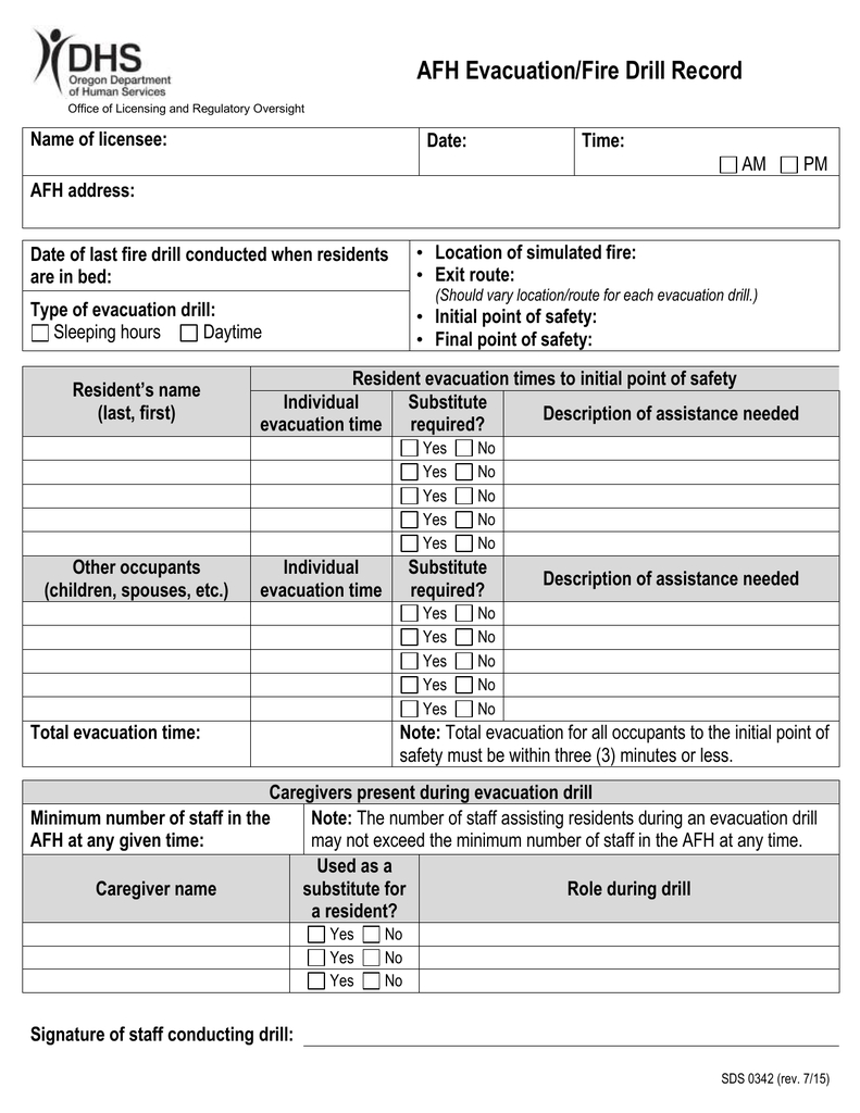 Afh Evacuation/Fire Drill Record Within Fire Evacuation Drill Report Template