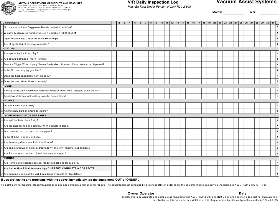 Arizona V/R Daily Inspection Log – Vacuum Assist Systems Download Inside Daily Inspection Report Template