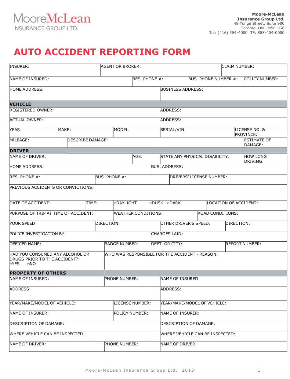 Auto Accident Reporting Form – Mclean Hallmark Insurance Group Ltd With Motor Vehicle Accident Report Form Template