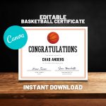 Basketball Certificate Fully Editable Canva Template Instant | Etsy Throughout Basketball Certificate Template
