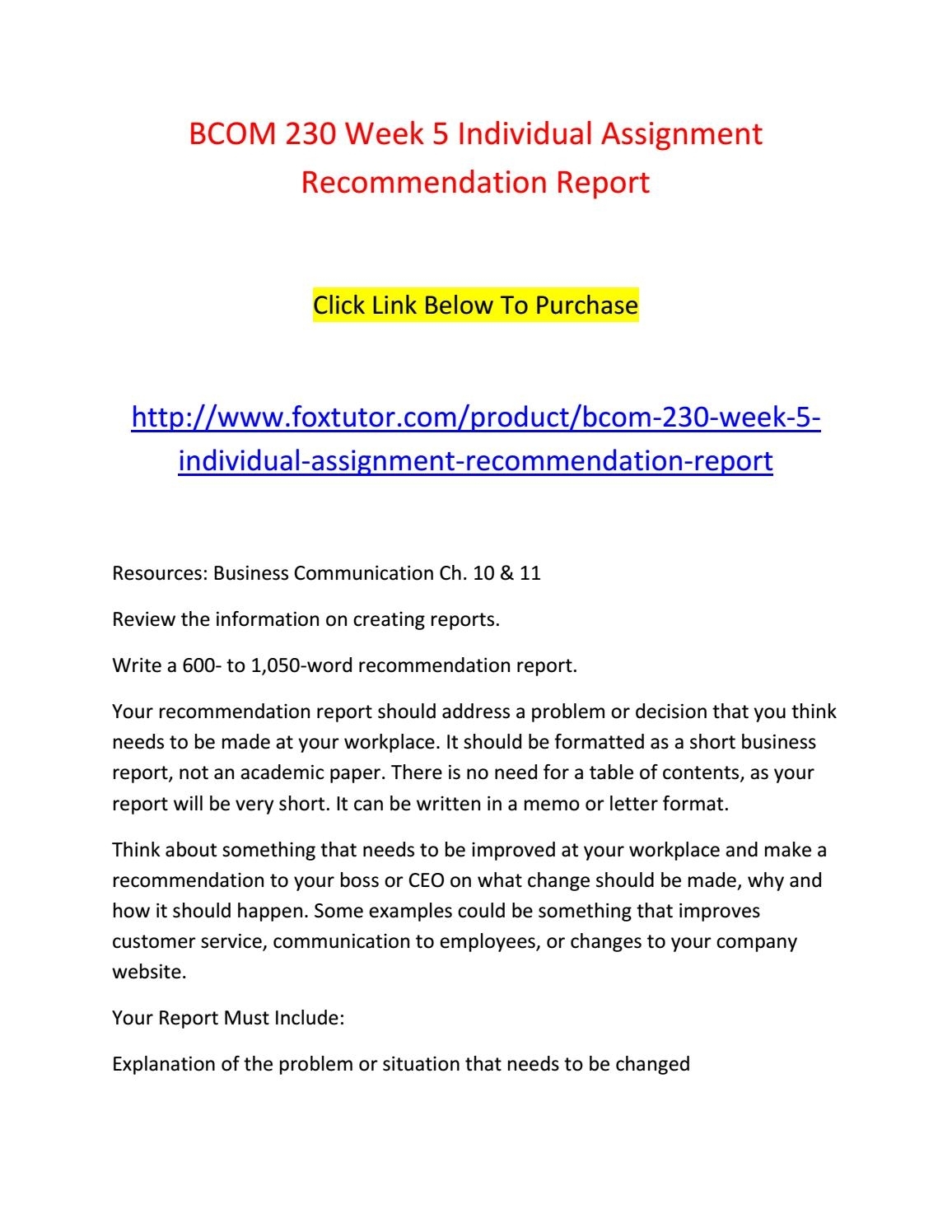 Bcom 230 Week 5 Individual Assignment Recommendation Report By With Regard To Recommendation Report Template