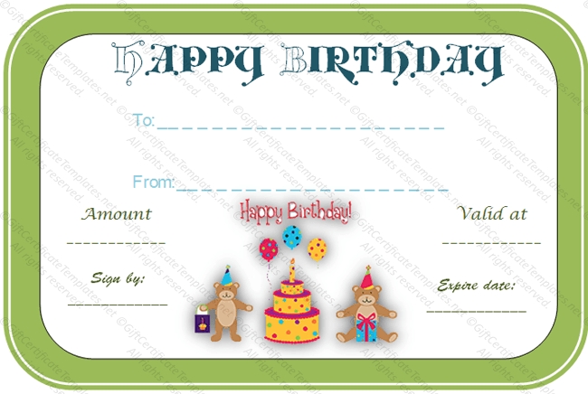Bear Birthday Gift Certificate Template – Gift Certificates Within Kids Gift Certificate Template