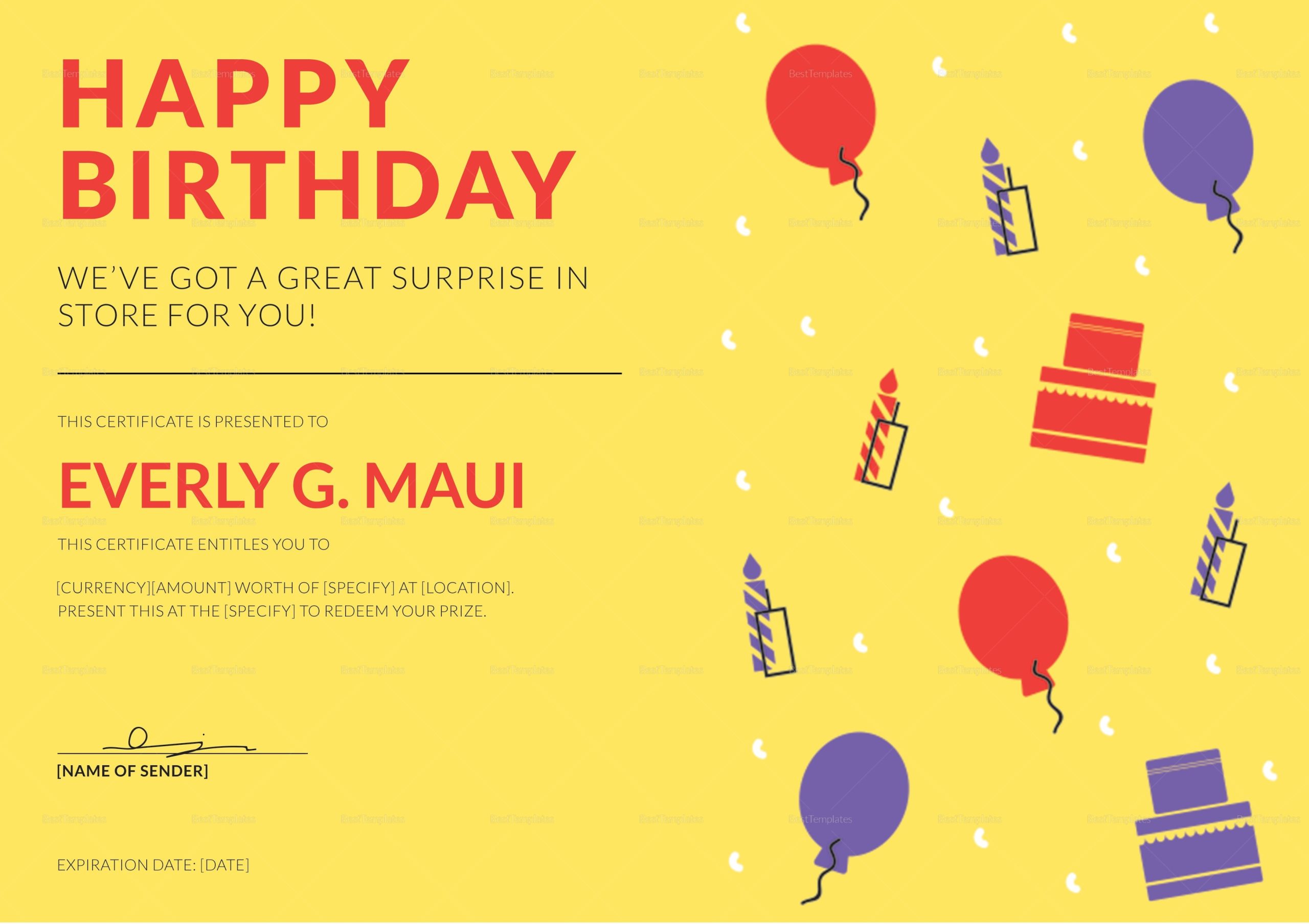 Birthday Gift Certificate Design Template In Psd, Word, Illustrator Intended For Present Certificate Templates