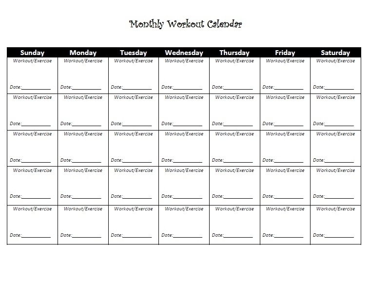 Blank Calendars To Fill In Exercise : Free Calendar Template In Blank Workout Schedule Template