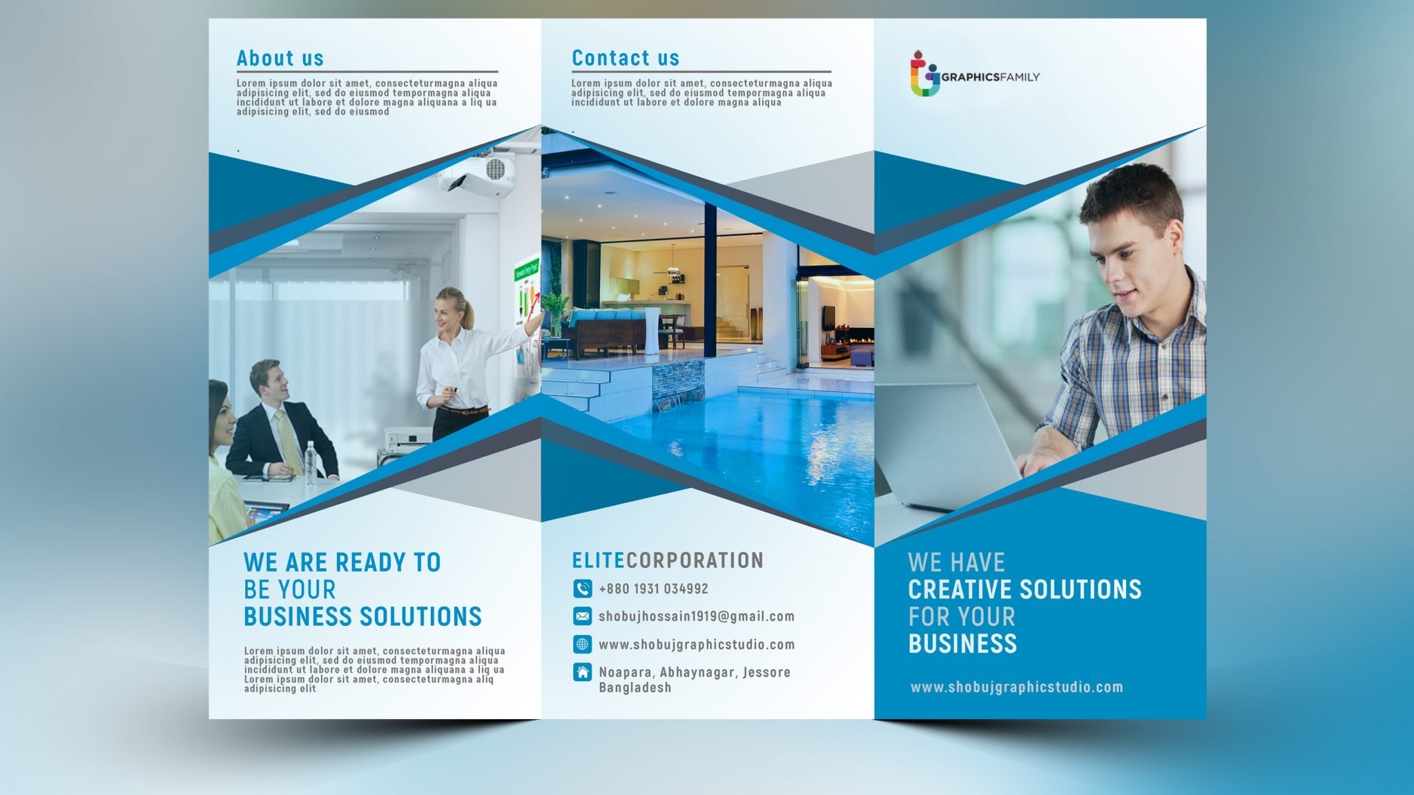 Blue Corporate Tri Fold Brochure Template Free Psd - Graphicsfamily intended for Free Three Fold Brochure Template