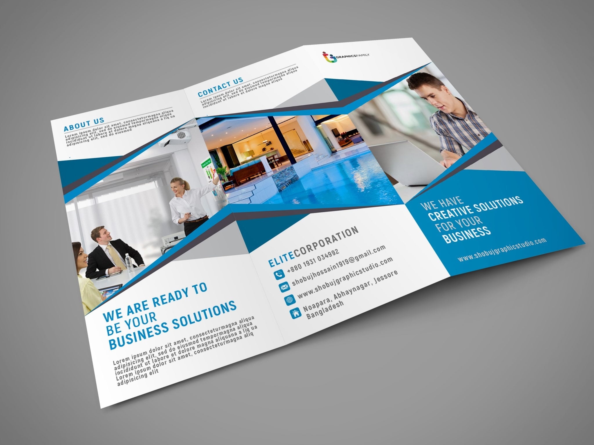 Blue Corporate Tri Fold Brochure Template Free Psd – Graphicsfamily Throughout 3 Fold Brochure Template Psd Free Download