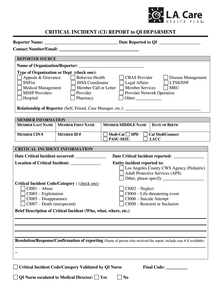 Ca L.a. Care Health Plan Critical Incident (Ci) Report To Qi Deparment With Medical Legal Report Template