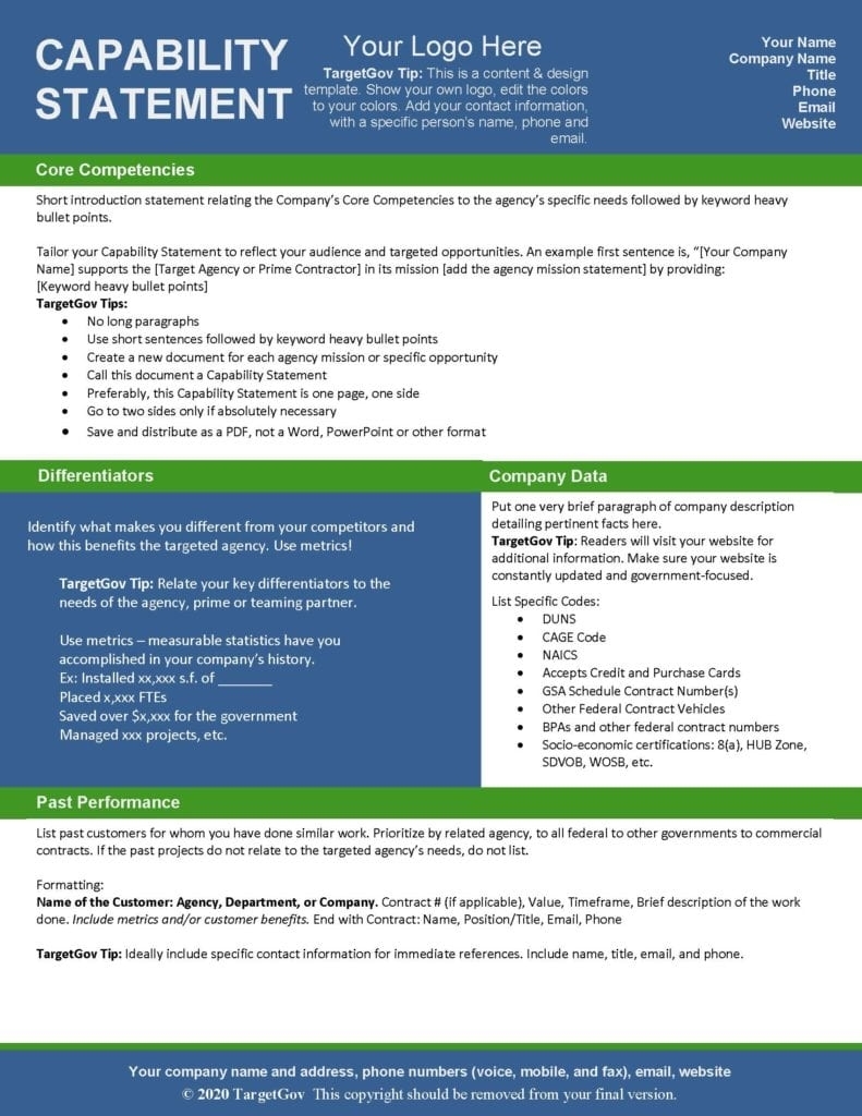 Capability Statement Editable Template – Blue And Green – Targetgov In Capability Statement Template Word