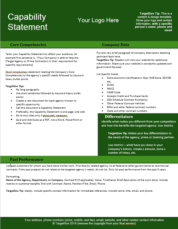 Capability Statement Editable Template - Green Targetgov with Capability Statement Template Word