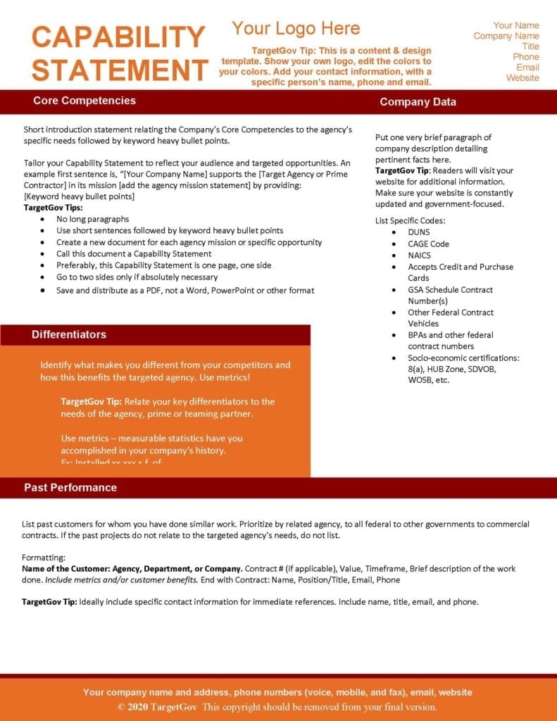 Capability Statement Editable Template – Red And Orange – Targetgov Throughout Capability Statement Template Word