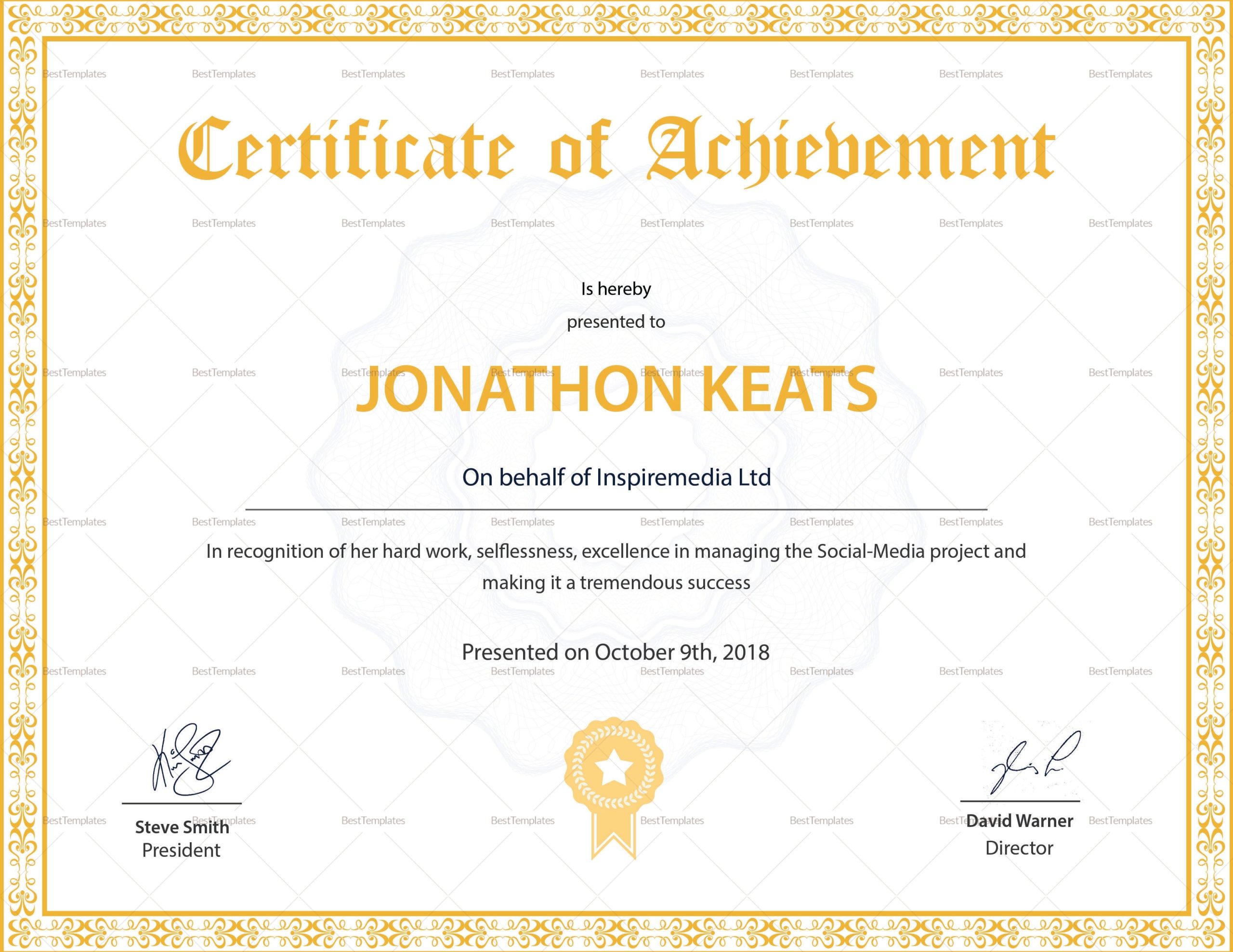 Certificate Of Achievement Design Template In Psd, Word With Certificate Of Attainment Template