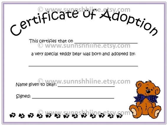 Certificate Of Adoption Teddy Bear Stuffed Animal By Sunnshhiine In Toy Adoption Certificate Template