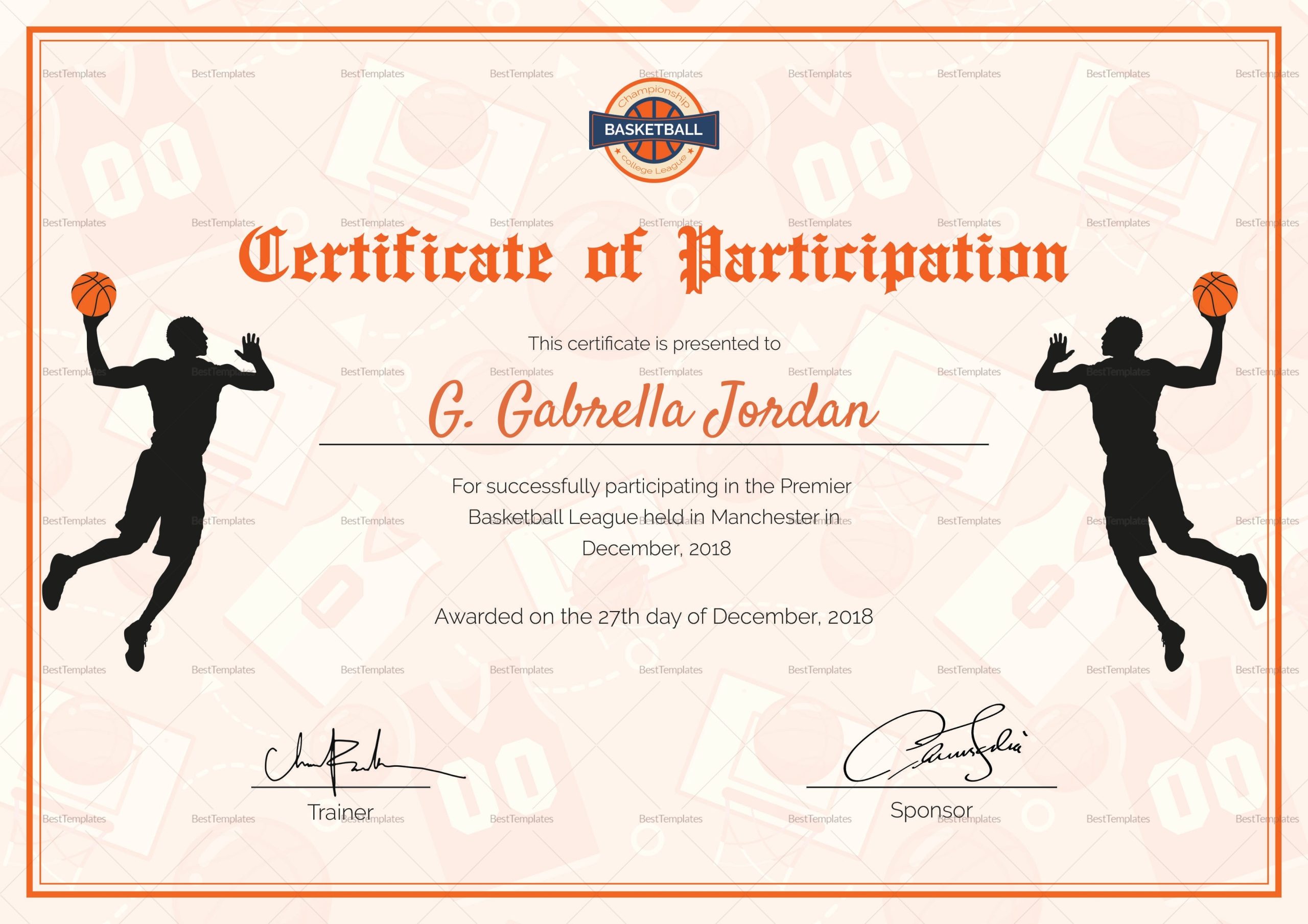 Certificate Of Basketball Participation Design Template In Psd, Word Within Certificate Of Participation Template Word