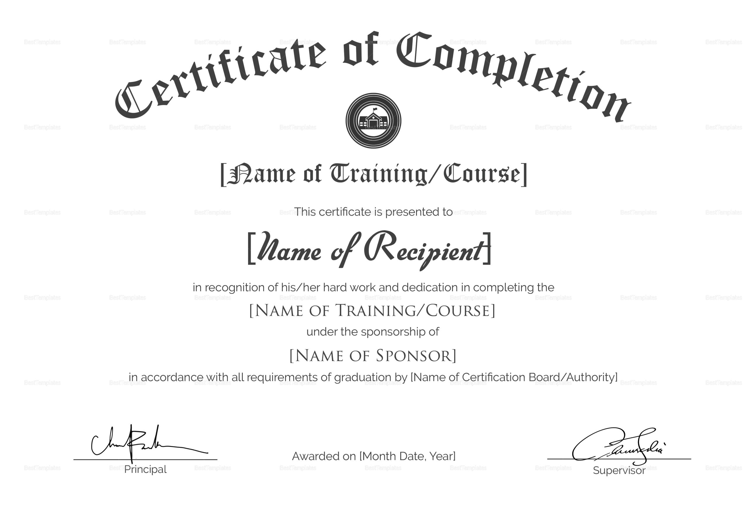 Certificate Of Completion In Us Letter Size Design Template In Psd, Word For Certificate Of Completion Word Template