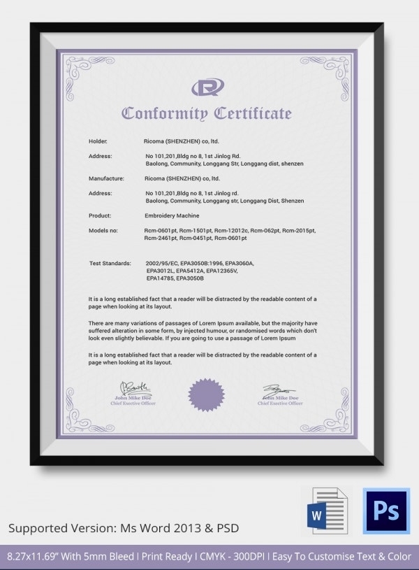 Certificate Of Conformance Template – 9+ Word, Psd, Ai, Indesign Pdf For Certificate Of Conformity Template