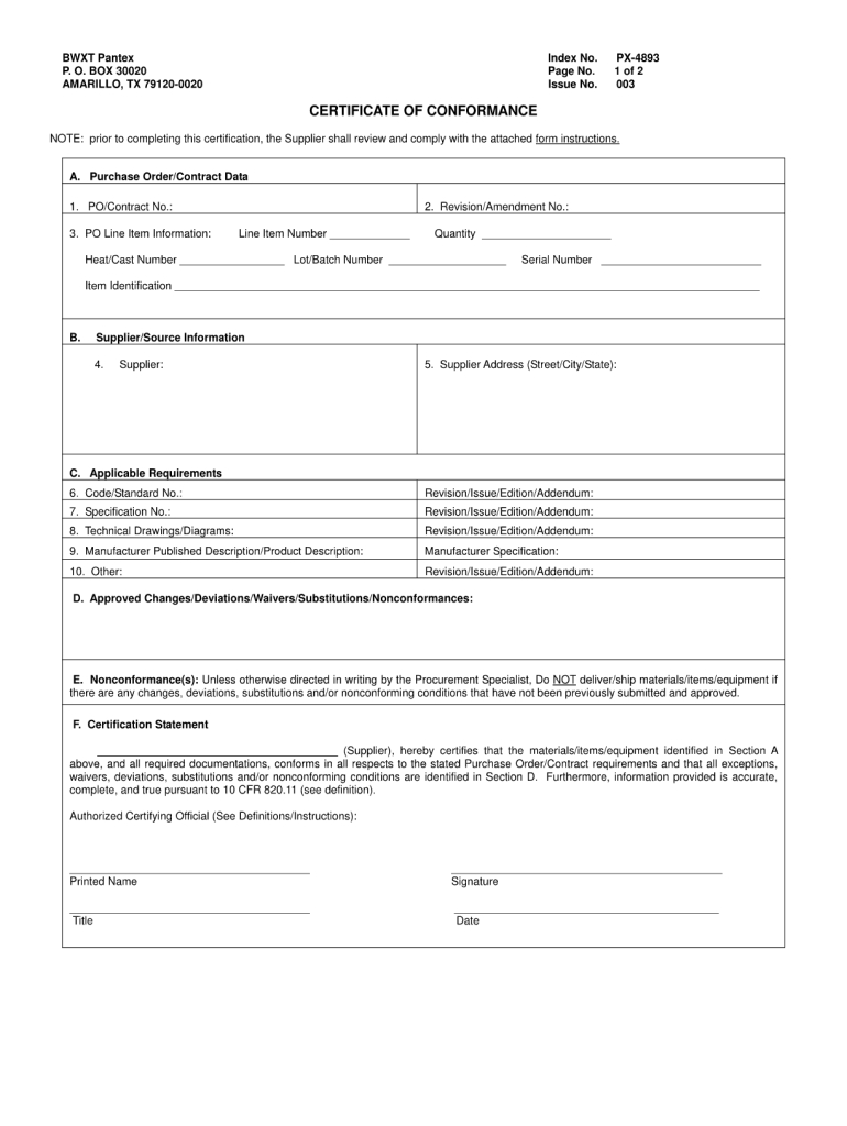 Certificate Of Conformance Template – Fill Online, Printable, Fillable Intended For Certificate Of Conformance Template Free
