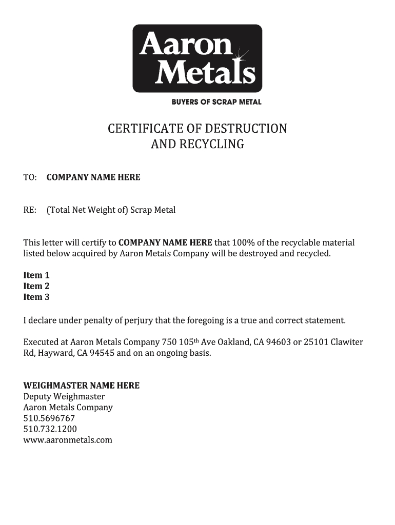 Certificate Of Destruction Form - Fill Online, Printable, Fillable pertaining to Certificate Of Disposal Template