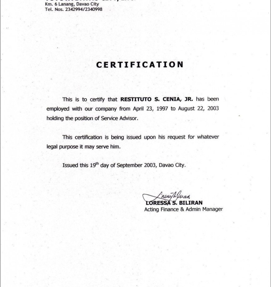 Certificate Of Employment Template ~ Addictionary pertaining to Template Of Certificate Of Employment