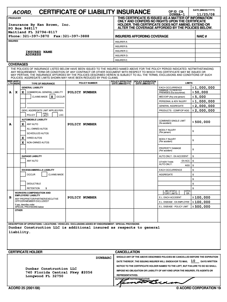 Certificate Of Insurance Form – Fill Out And Sign Printable Pdf With Regard To Certificate Of Liability Insurance Template