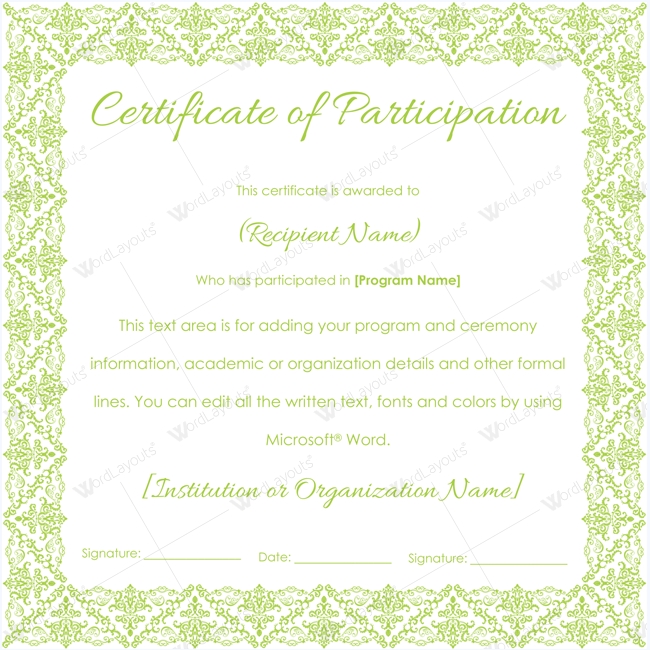 Certificate Templates: Certificate Of Participation Templates For Word With Regard To Certificate Of Participation Word Template