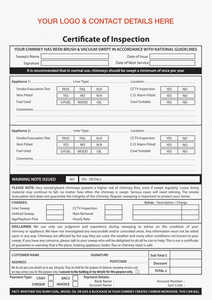 Chimney Sweep – Certificate Of Inspection Form In Certificate Of Inspection Template