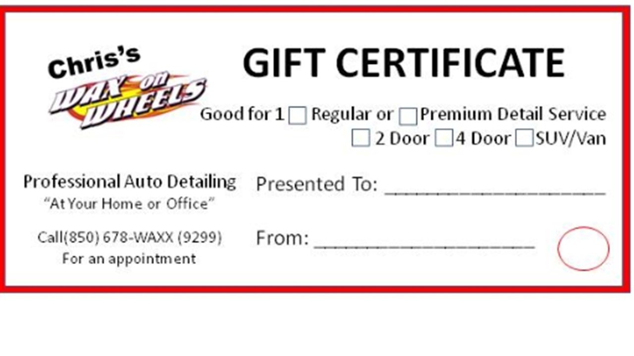 Chris' Wax On Wheels for Automotive Gift Certificate Template
