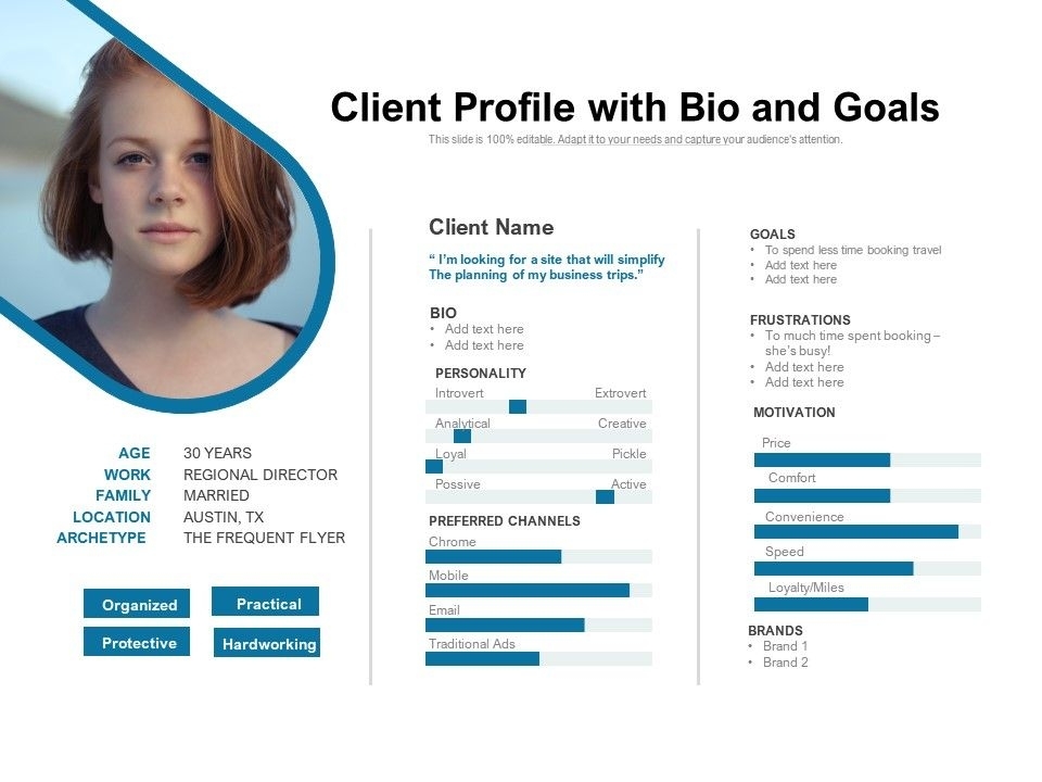 Client Profile With Bio And Goals | Powerpoint Design Template | Sample For Biography Powerpoint Template