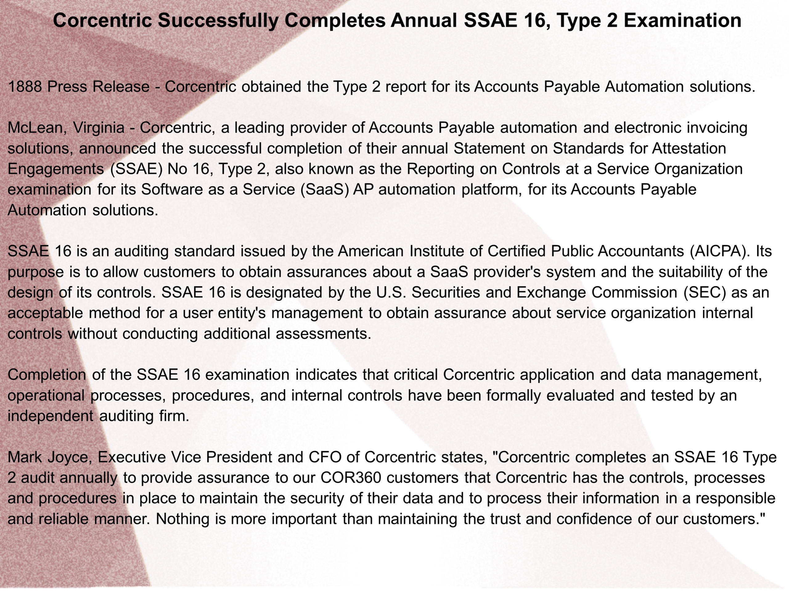 Corcentric Successfully Completes Annual Ssae 16, Type 2 Examination Throughout Ssae 16 Report Template