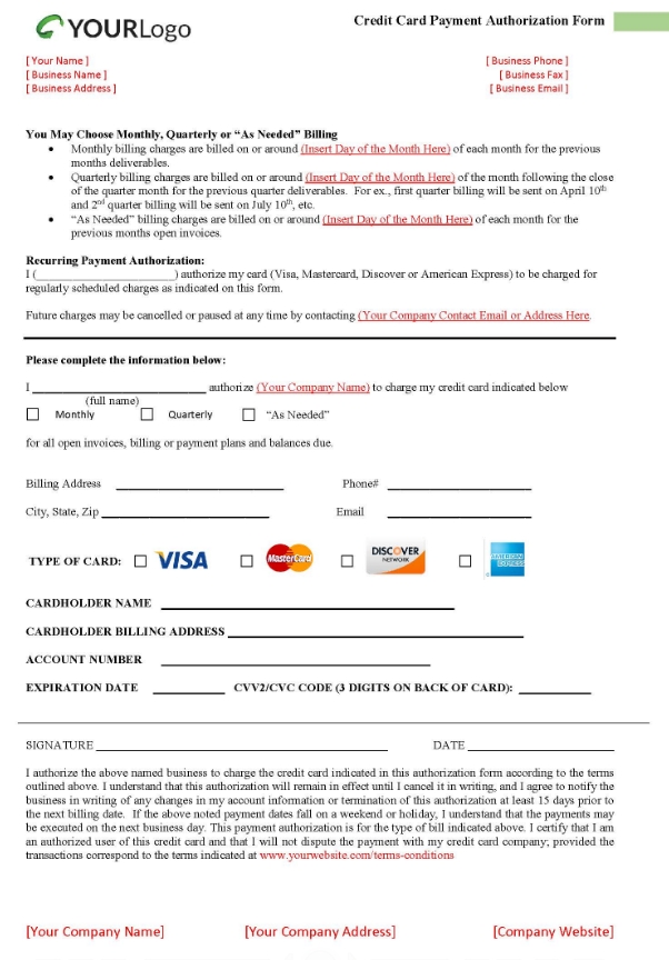 Credit Card Authorization Forms - Free Templates [Download Intended For Credit Card On File Form Templates