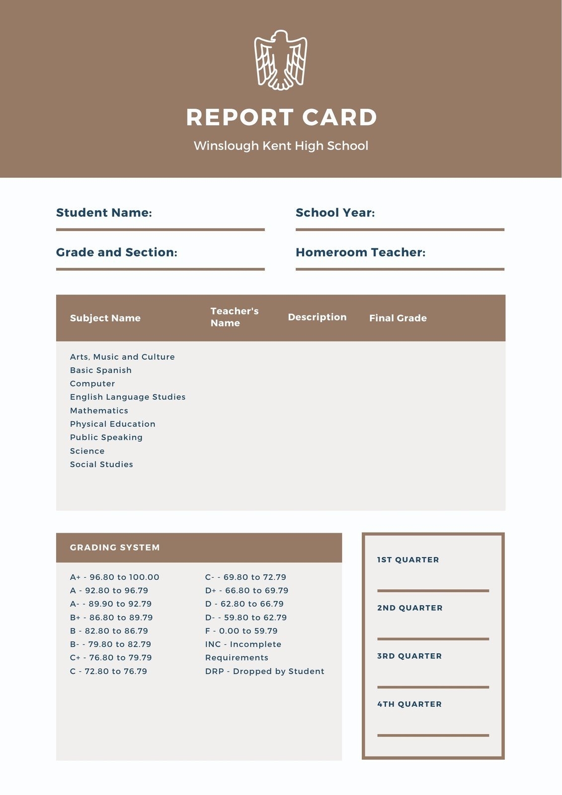 Customize 46+ High School Report Cards Templates Online - Canva For High School Student Report Card Template