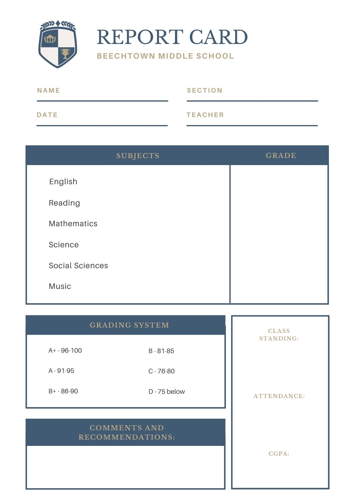 Customize 46+ Middle School Report Cards Templates Online - Canva in Middle School Report Card Template