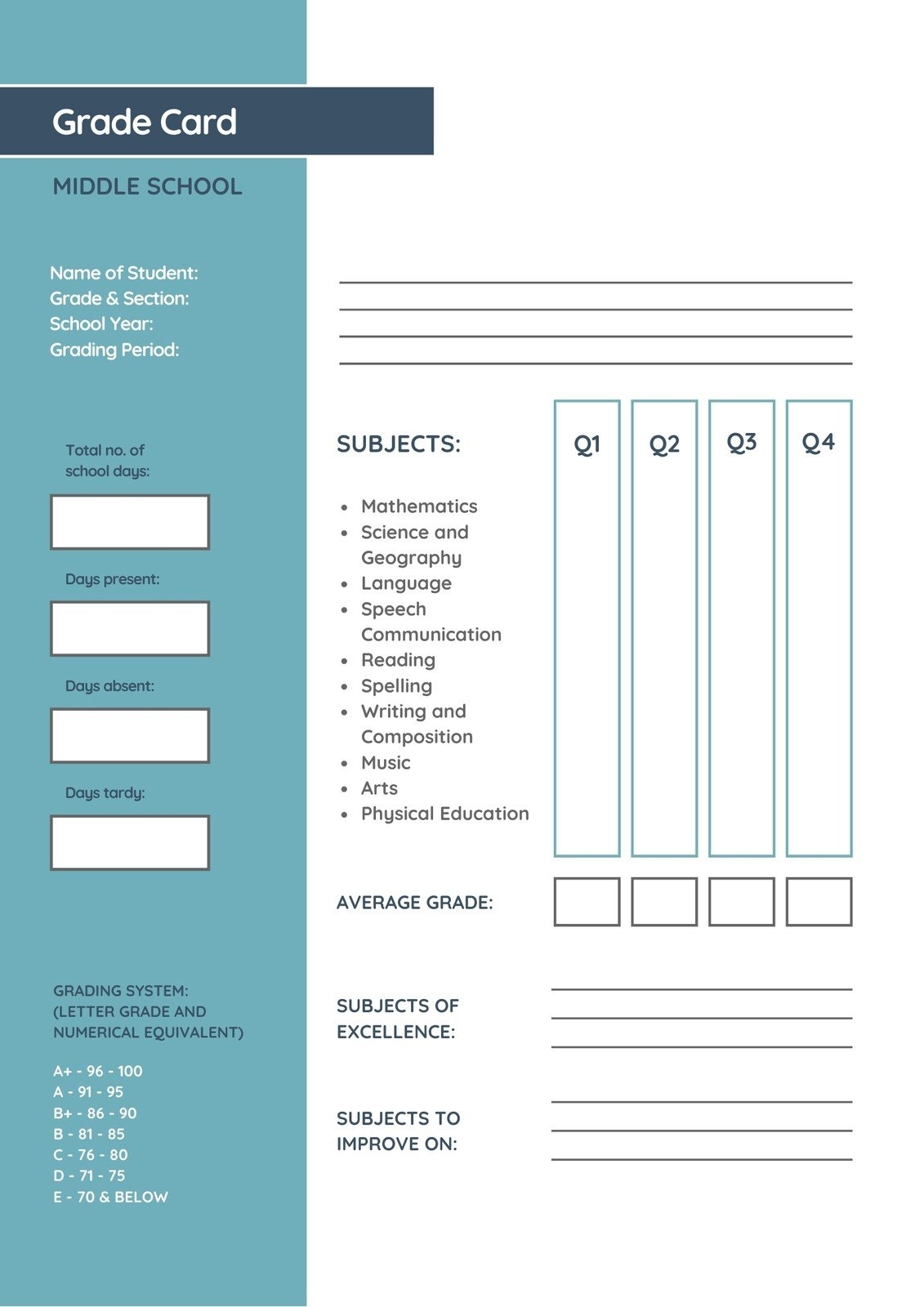 Customize 46+ Middle School Report Cards Templates Online - Canva regarding Report Card Template Middle School