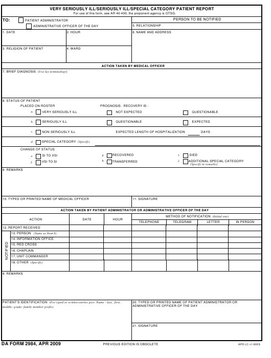 Da Form 2984 Download Fillable Pdf Or Fill Online Very Seriously Pertaining To Patient Report Form Template Download