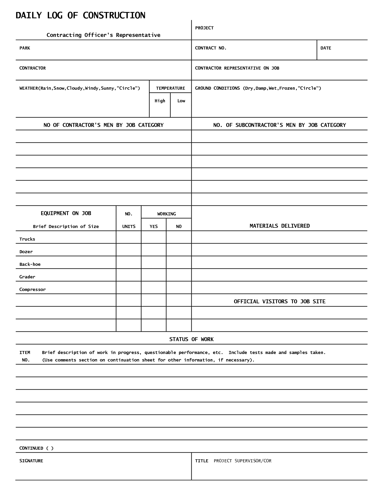 Daily Log Template For Construction | Printable Schedule Template For Daily Reports Construction Templates