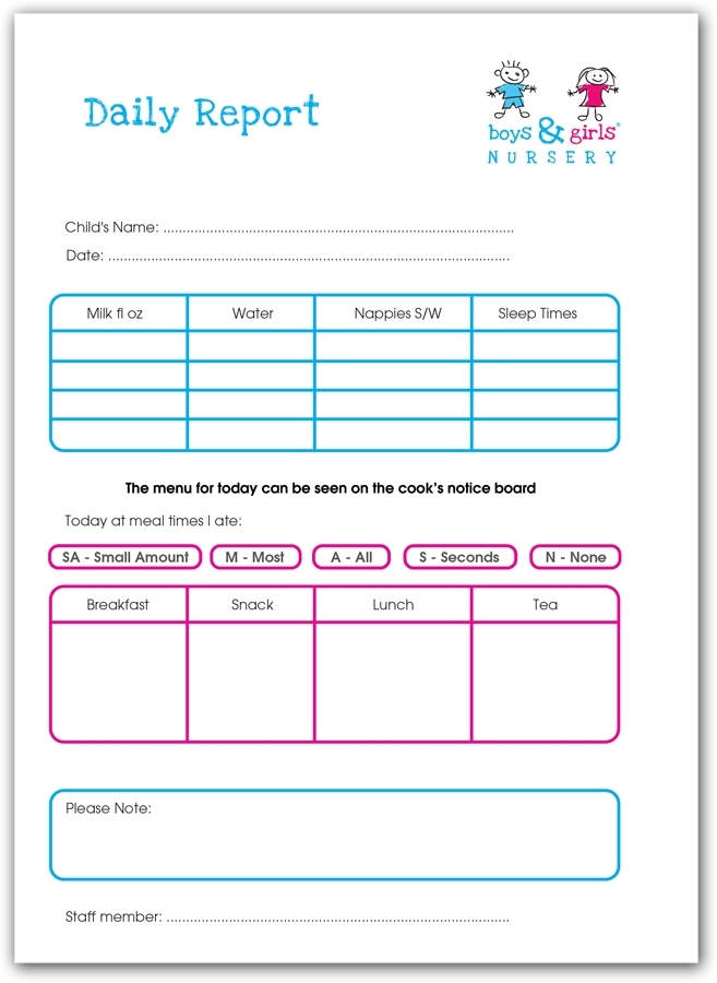Daily Report Card - Boys &amp; Girls Nursery in Daycare Infant Daily Report Template