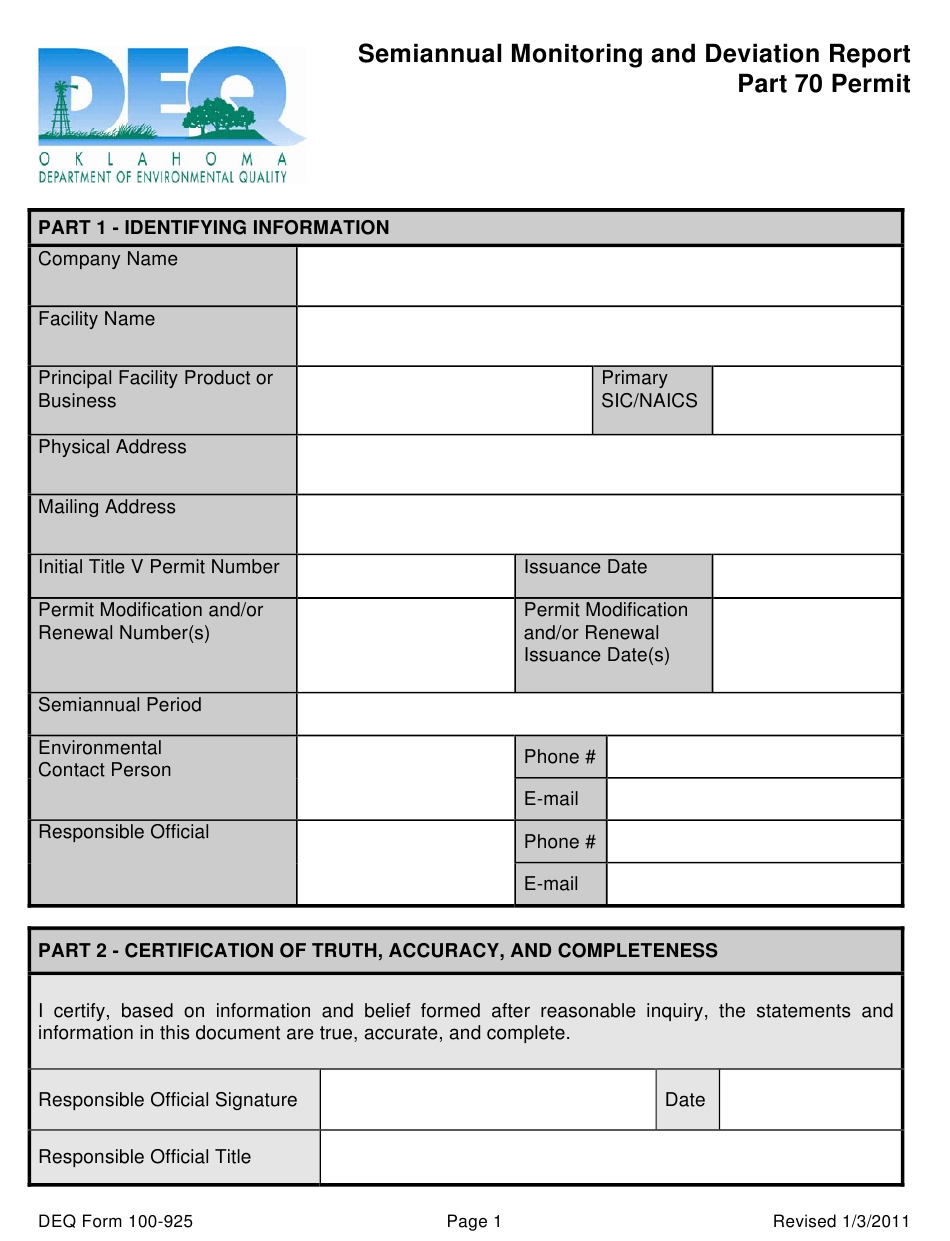 Deq Form 100 925 Download Printable Pdf Or Fill Online Semiannual Throughout Deviation Report Template