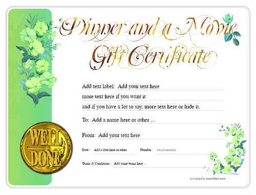 Dinner And A Movie Gift Certificate Templates inside Dinner Certificate Template Free