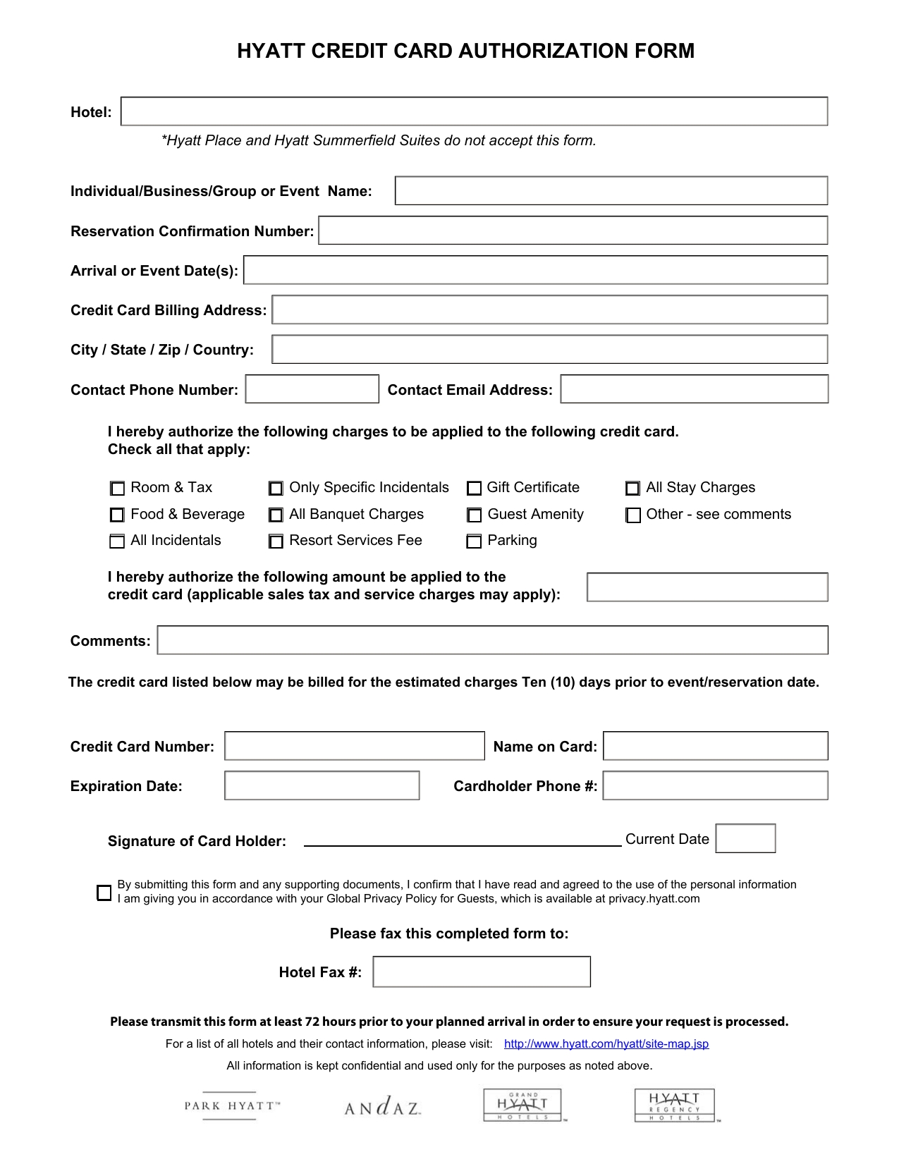 Download Hyatt Credit Card Authorization Form Template | Pdf inside Hotel Credit Card Authorization Form Template