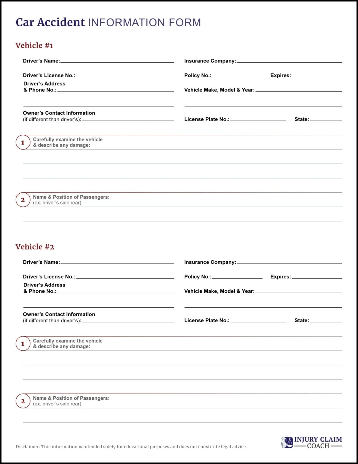 Downloadable Car Accident Information Form in Vehicle Accident Report Form Template