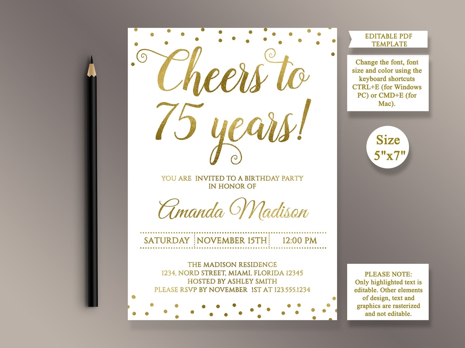 Editable 75Th Birthday Party Invitation Template Cheers To 75 | Etsy Within Template For Anniversary Card