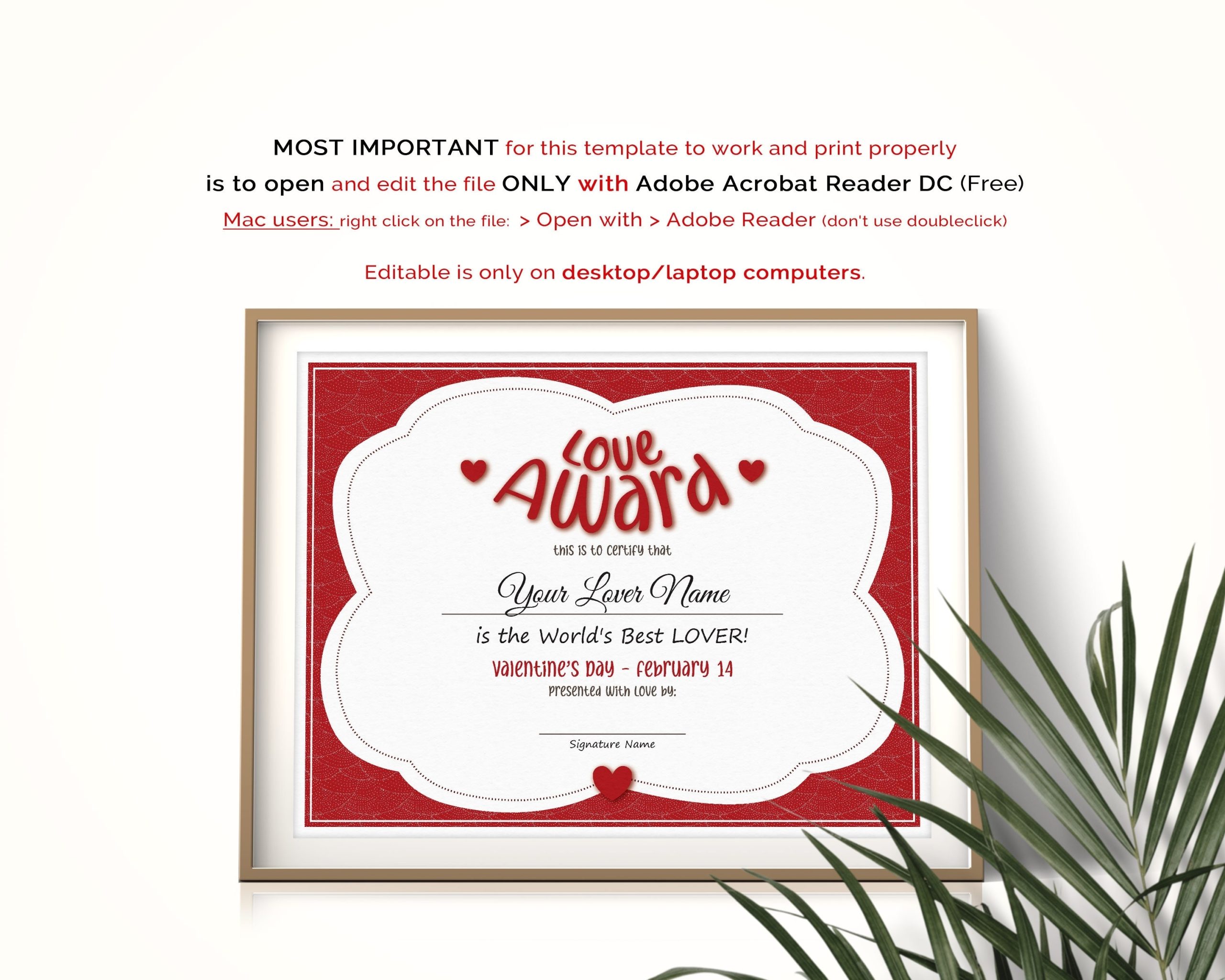 Editable Love Award Template Valentines Day Gift For Him Or | Etsy Regarding Love Certificate Templates