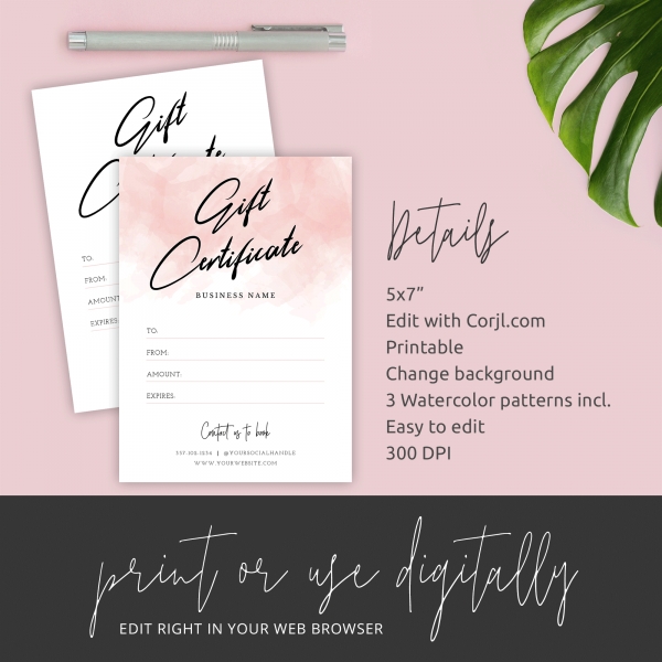 Elegant Gift Voucher Template - Printable Pink Watercolor Gift Card Within Elegant Gift Certificate Template
