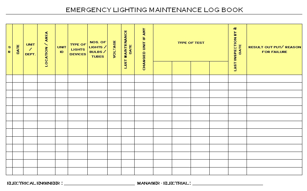 Emergency Lighting Maintenance Logbook Format| Samples | Word Document Intended For Test Exit Report Template