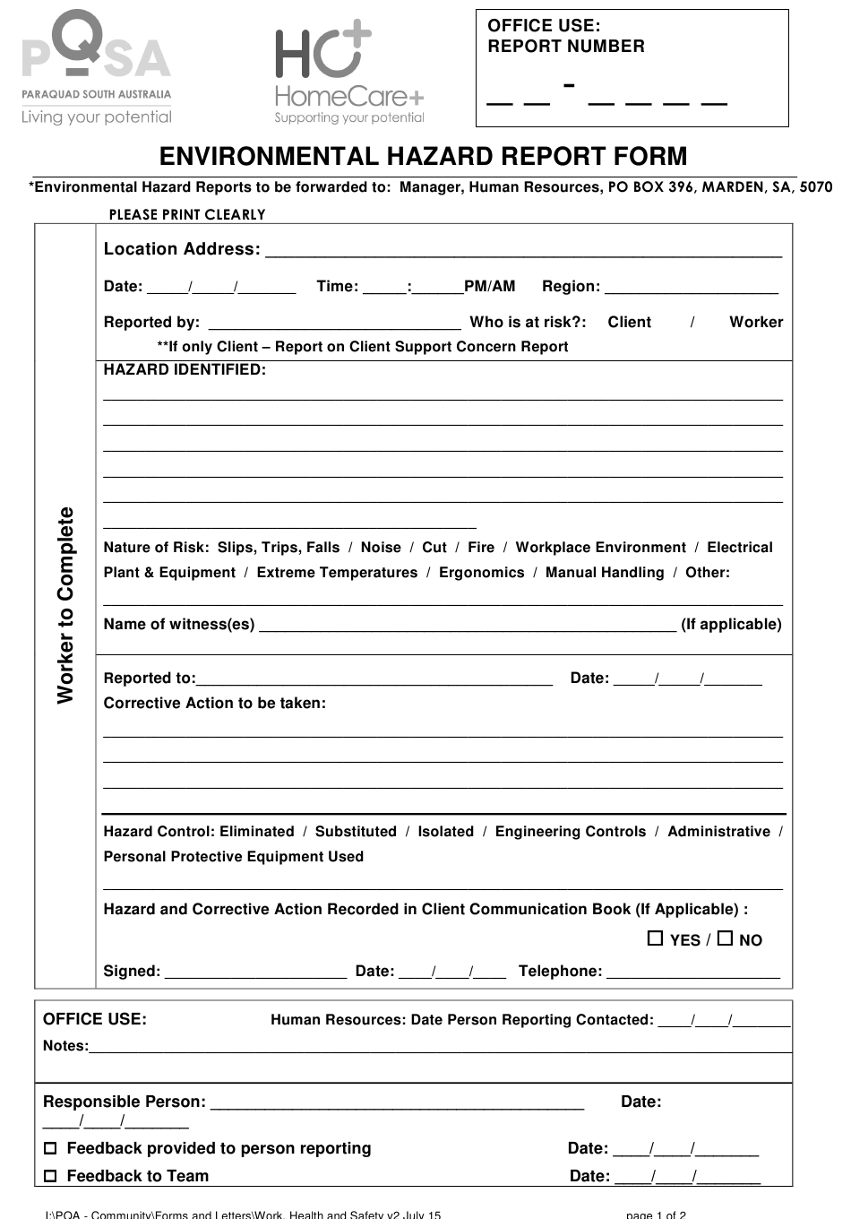 Environmental Hazard Report Form – Paraplegic And Quadriplegic For Hazard Incident Report Form Template